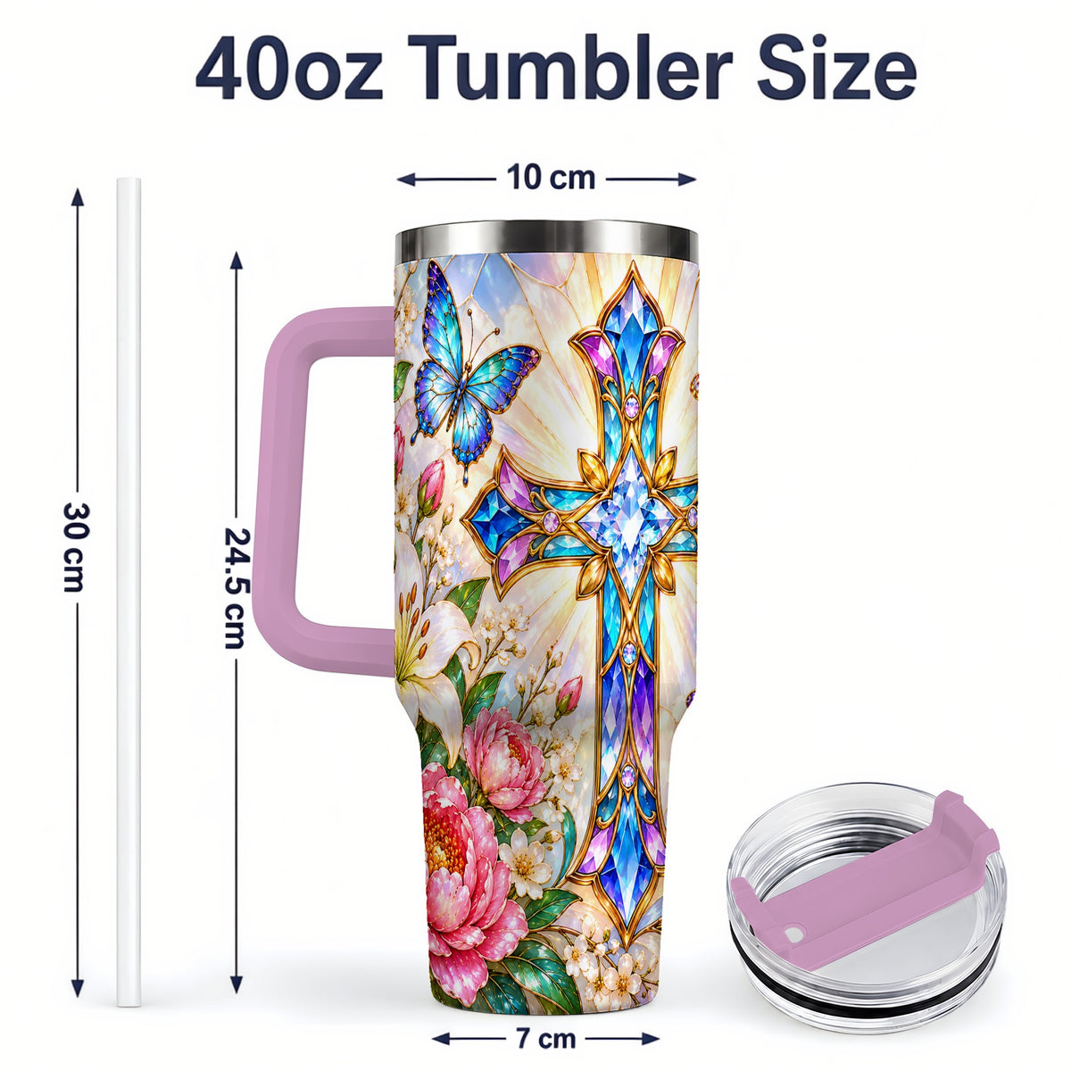 #pl[40oz|Pink] Butterfly Cross Tumbler, 40oz Tumbler with Floral Lily Artwork