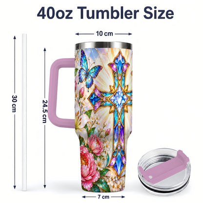 #pl[40oz|Pink] Butterfly Cross Tumbler, 40oz Tumbler with Floral Lily Artwork