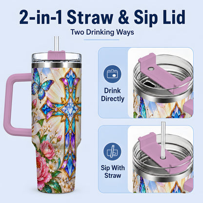 #pl[40oz|Pink] Butterfly Cross Tumbler, 40oz Tumbler with Floral Lily Artwork