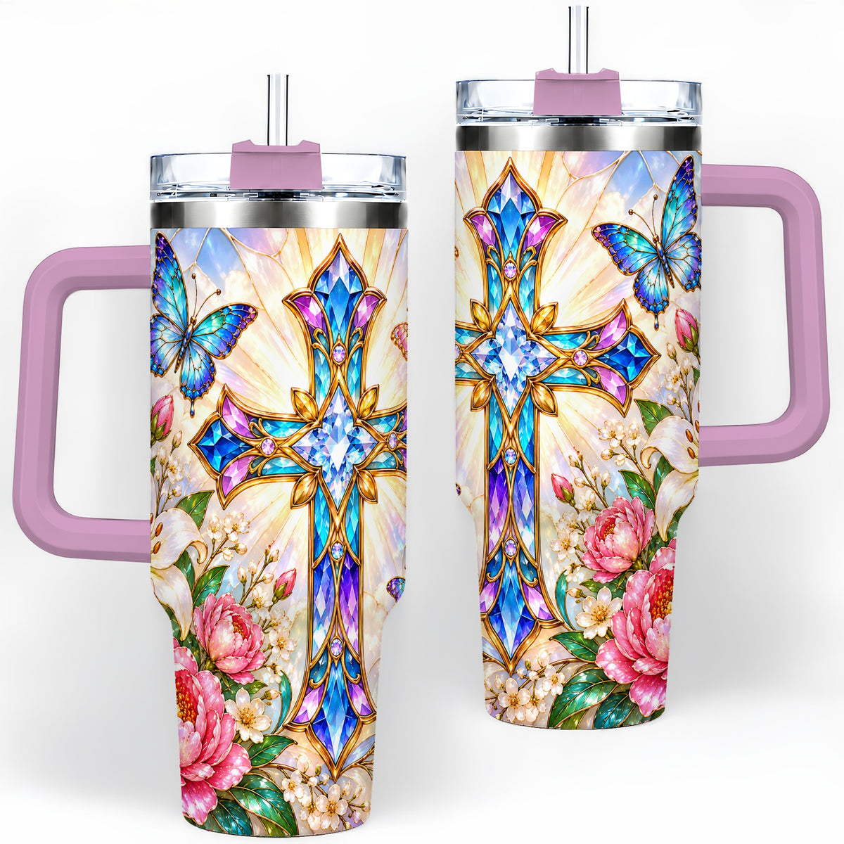 #pl[40oz|Pink] Butterfly Cross Tumbler, 40oz Tumbler with Floral Lily Artwork