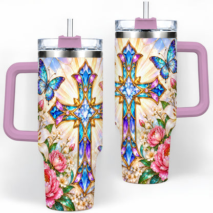 #pl[40oz|Pink] Butterfly Cross Tumbler, 40oz Tumbler with Floral Lily Artwork
