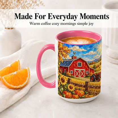 #pl[15oz|Pink] Autumn Farm Barn Accent Mug, Mug with Tractor Harvest Artwork