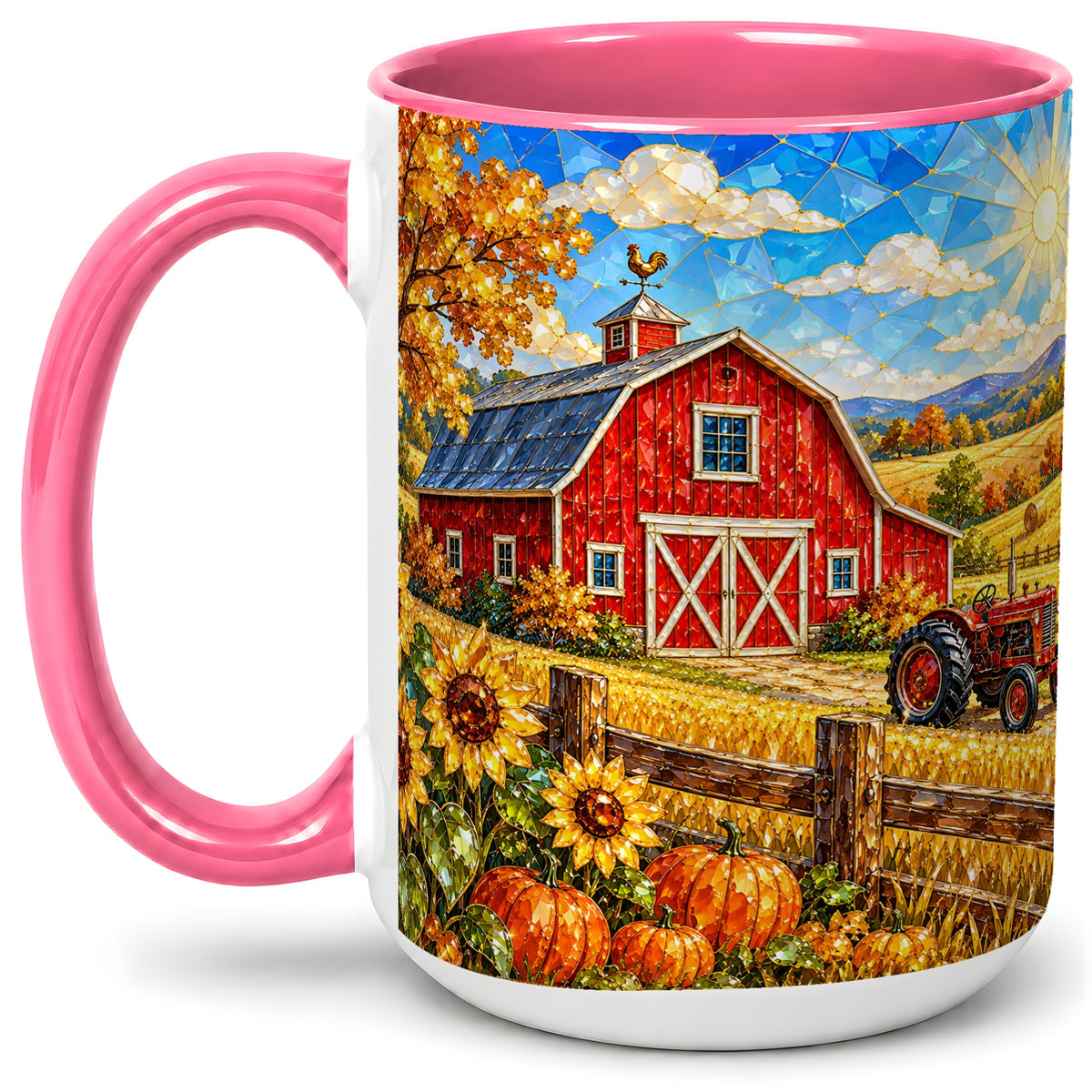 #pl[15oz|Pink] Autumn Farm Barn Accent Mug, Mug with Tractor Harvest Artwork