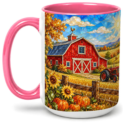 #pl[15oz|Pink] Autumn Farm Barn Accent Mug, Mug with Tractor Harvest Artwork