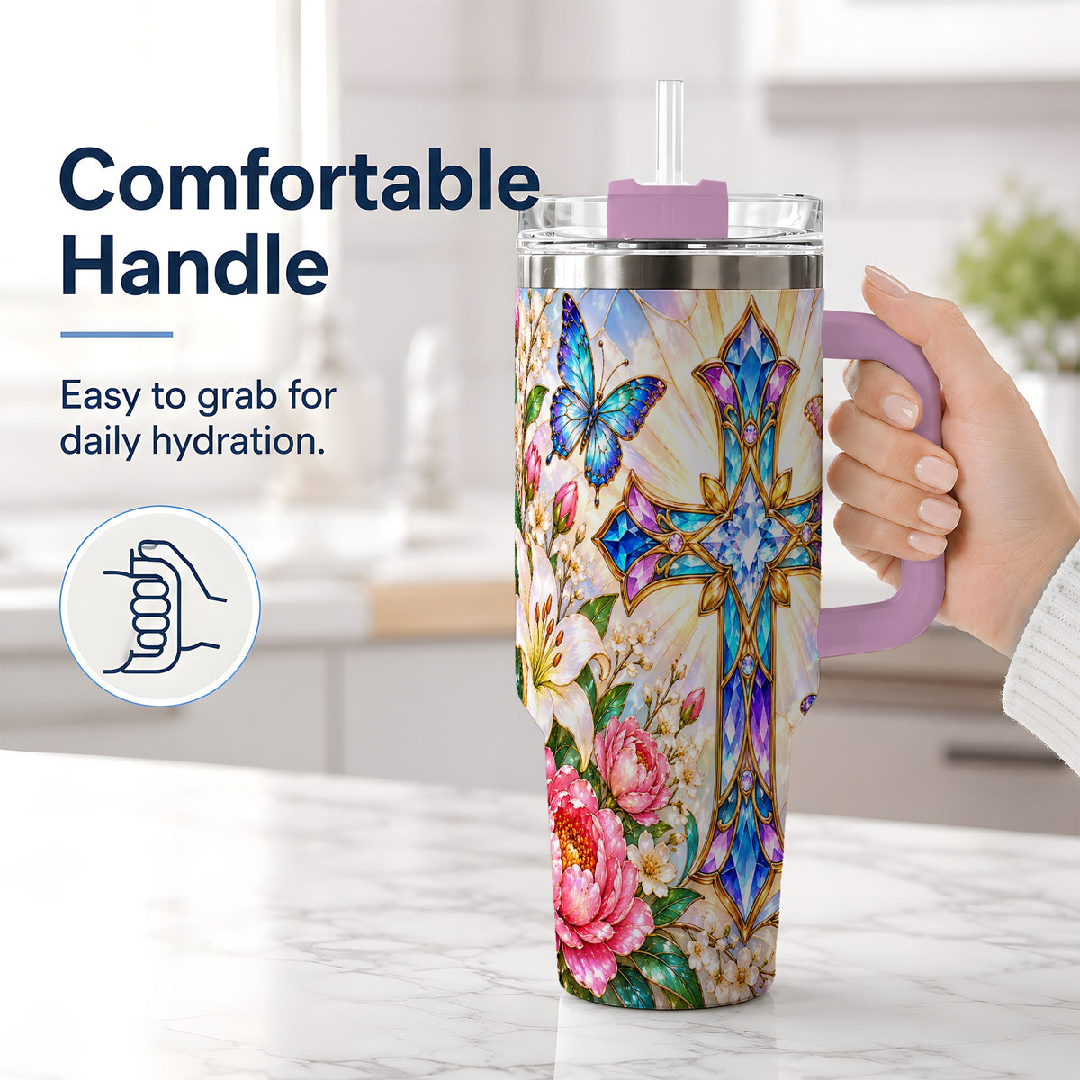 #pl[40oz|Pink] Butterfly Cross Tumbler, 40oz Tumbler with Floral Lily Artwork
