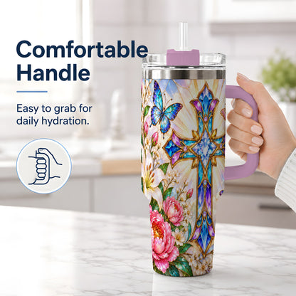 #pl[40oz|Pink] Butterfly Cross Tumbler, 40oz Tumbler with Floral Lily Artwork