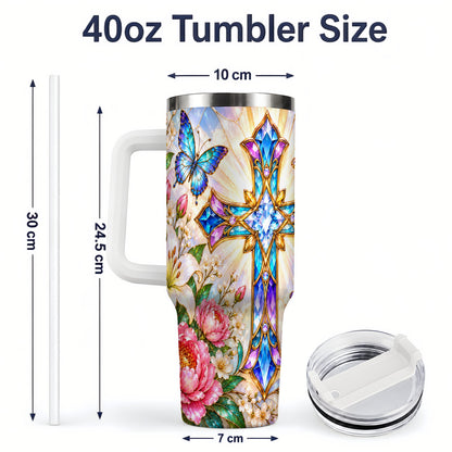 #pl[40oz|White] Butterfly Cross Tumbler, 40oz Tumbler with Floral Lily Artwork