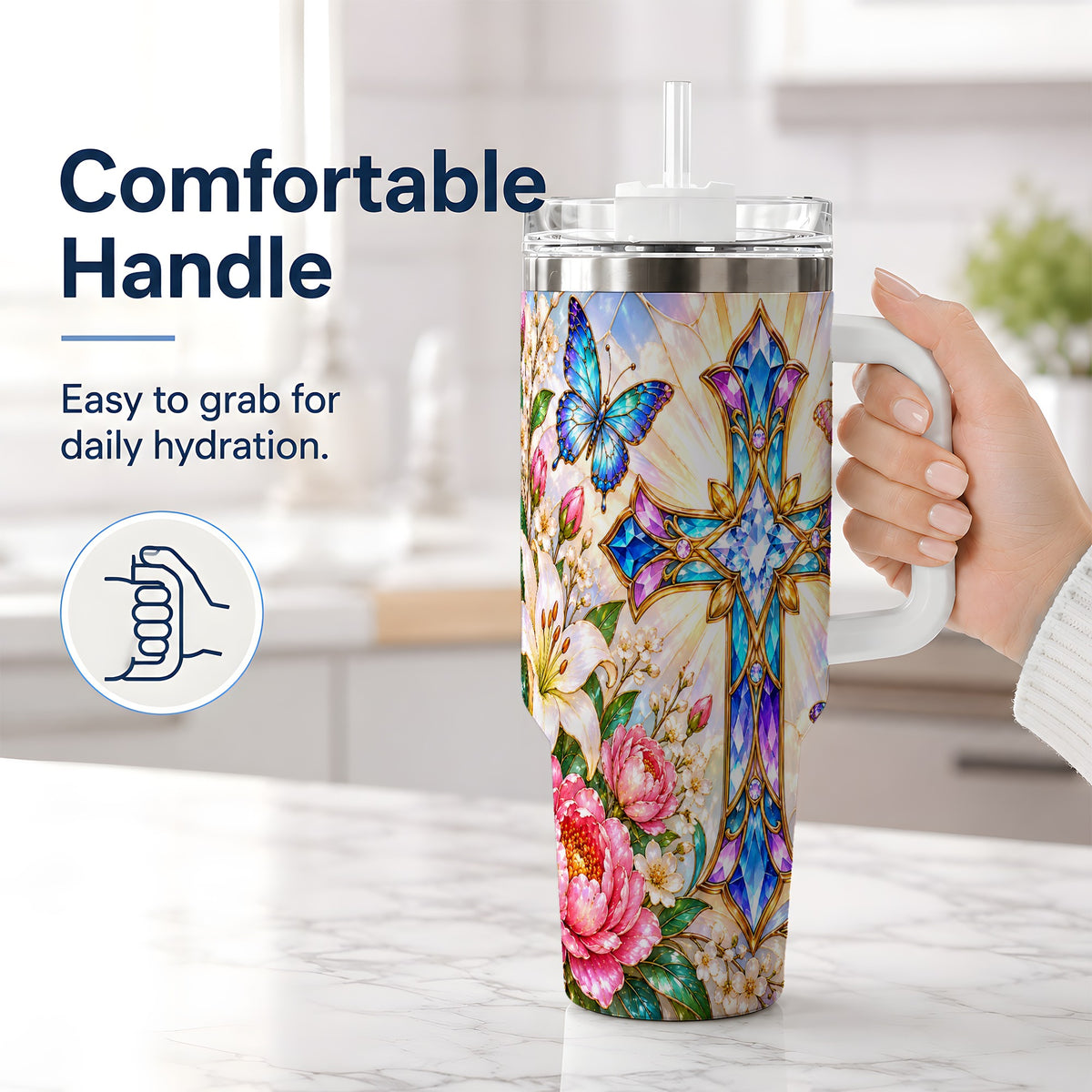 #pl[40oz|White] Butterfly Cross Tumbler, 40oz Tumbler with Floral Lily Artwork