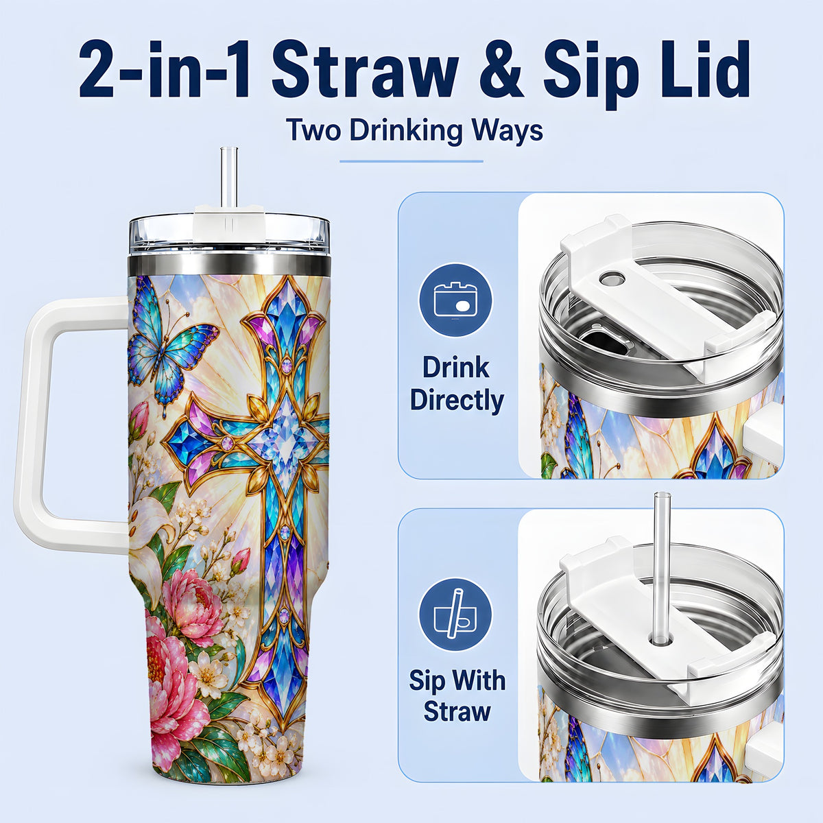 #pl[40oz|White] Butterfly Cross Tumbler, 40oz Tumbler with Floral Lily Artwork