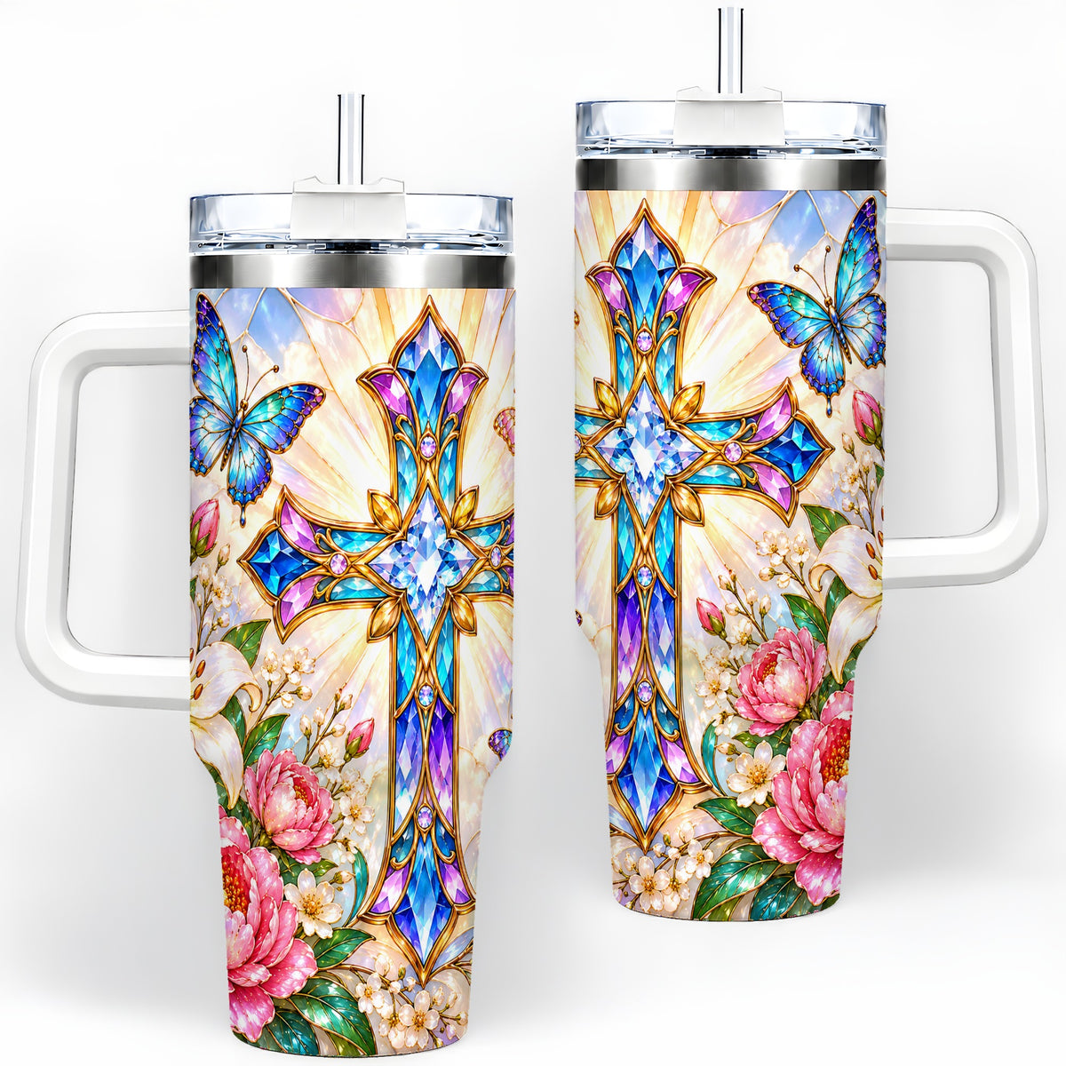 Butterfly Cross Tumbler, 40oz Tumbler with Floral Lily Artwork