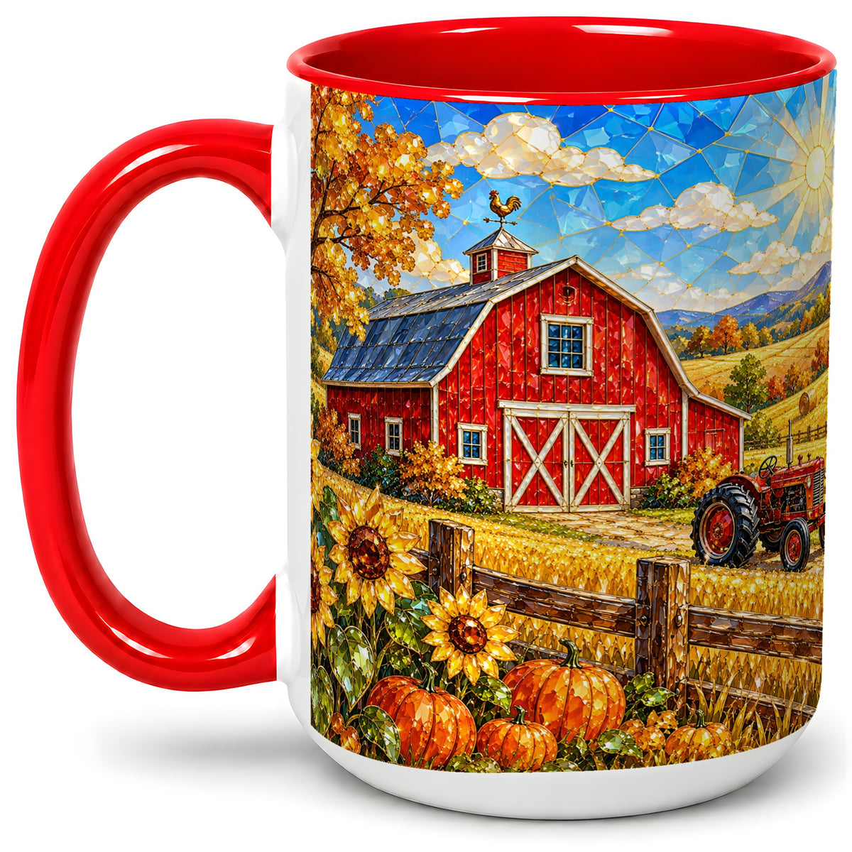 #pl[15oz|Red] Autumn Farm Barn Accent Mug, Mug with Tractor Harvest Artwork