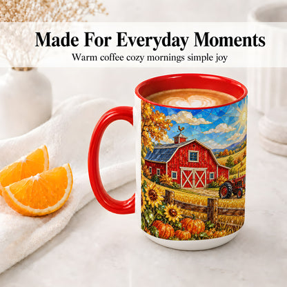 #pl[15oz|Red] Autumn Farm Barn Accent Mug, Mug with Tractor Harvest Artwork