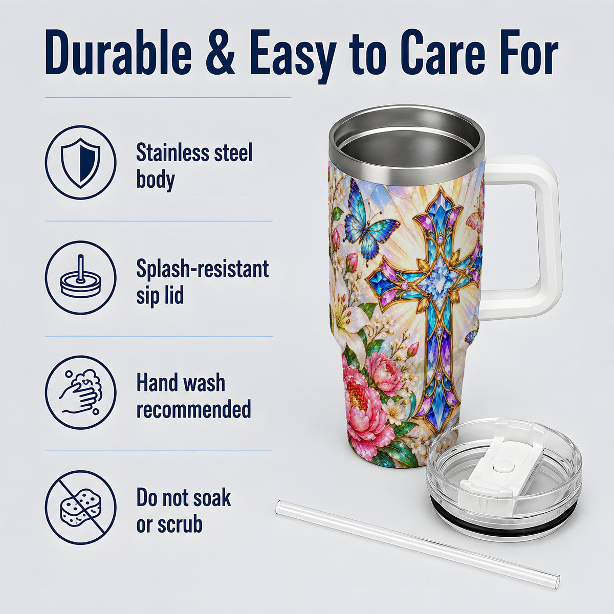 Butterfly Cross Tumbler, 40oz Tumbler with Floral Lily Artwork