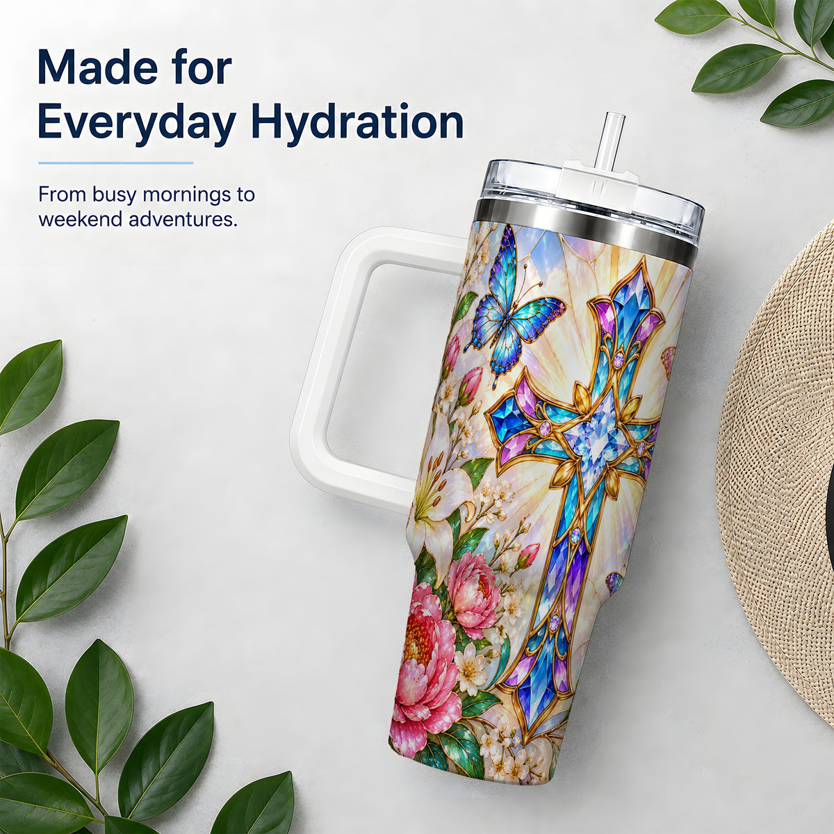 Butterfly Cross Tumbler, 40oz Tumbler with Floral Lily Artwork