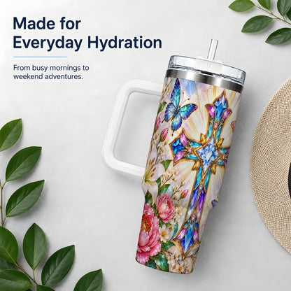 Butterfly Cross Tumbler, 40oz Tumbler with Floral Lily Artwork