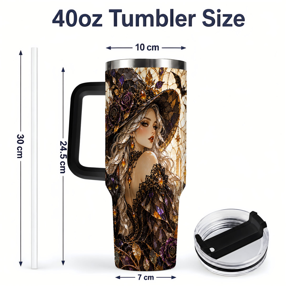 #pl[40oz|Black] Gothic Witch Cat Tumbler, 40oz Tumbler with Halloween Artwork