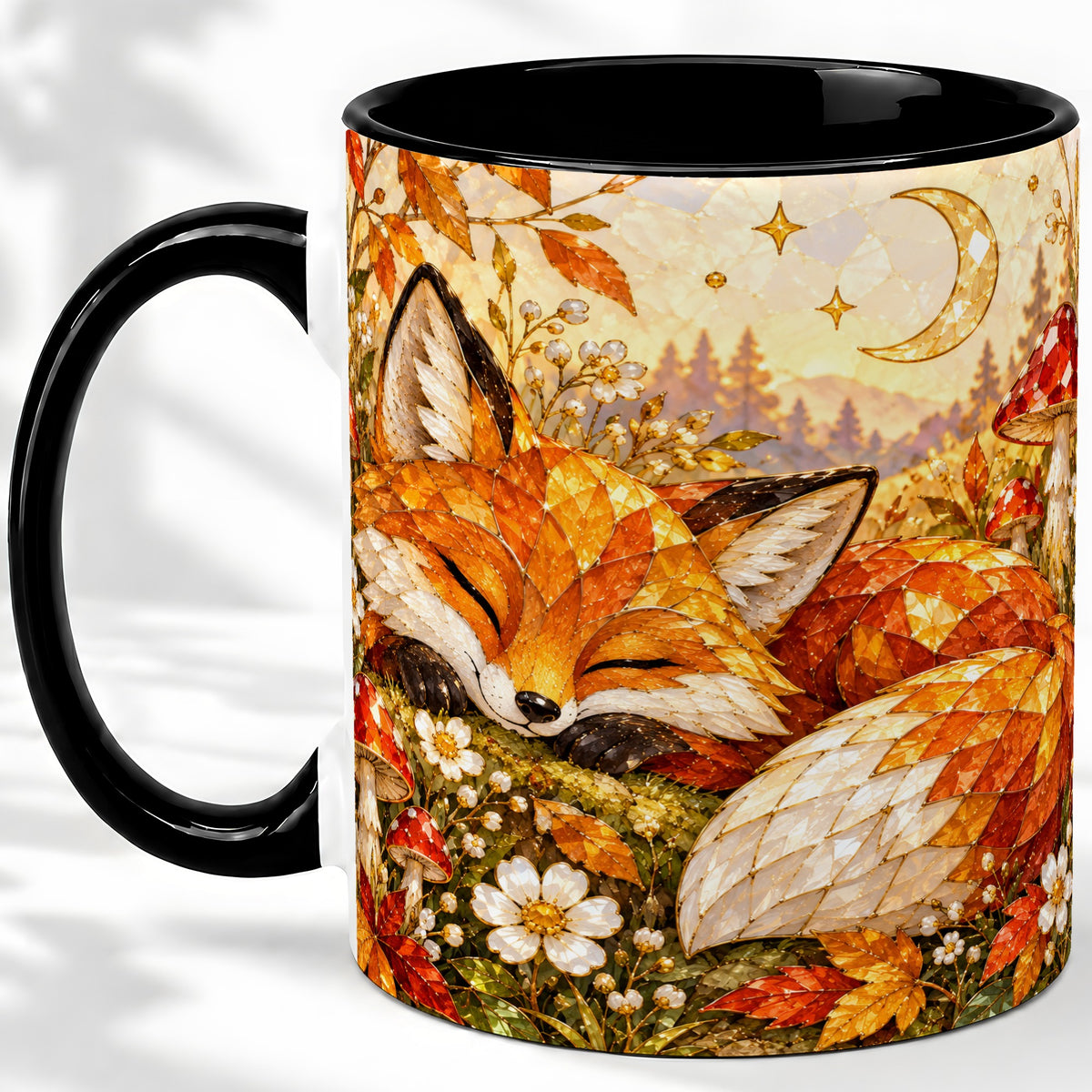 #pl[11oz|Black] Sleeping Fox Mushroom Accent Mug, Mug with Autumn Floral Artwork