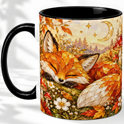 #pl[11oz|Black] Sleeping Fox Mushroom Accent Mug, Mug with Autumn Floral Artwork