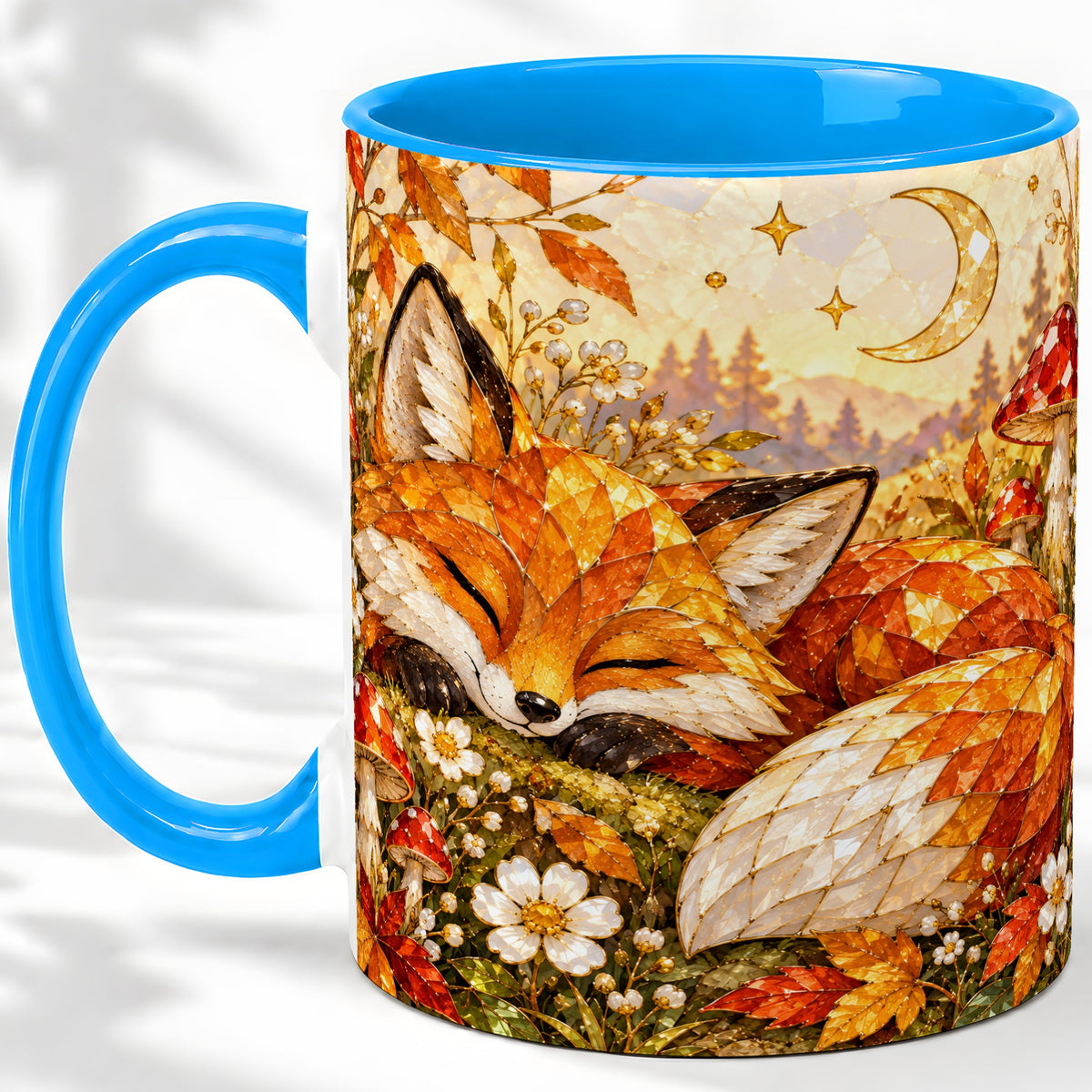 #pl[11oz|Blue] Sleeping Fox Mushroom Accent Mug, Mug with Autumn Floral Artwork