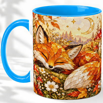 #pl[11oz|Blue] Sleeping Fox Mushroom Accent Mug, Mug with Autumn Floral Artwork