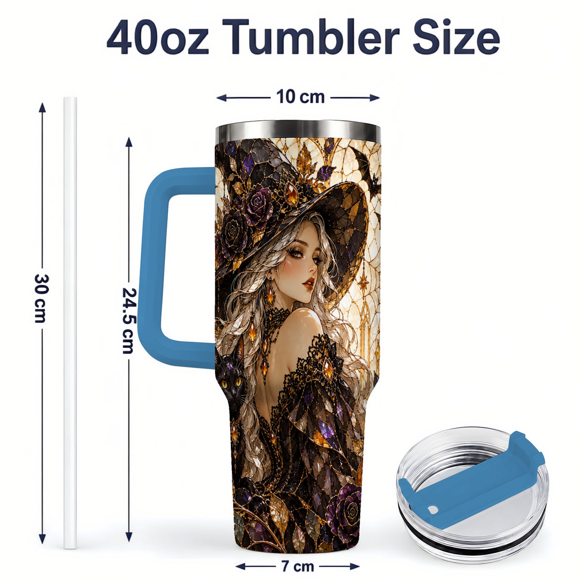 #pl[40oz|Blue] Gothic Witch Cat Tumbler, 40oz Tumbler with Halloween Artwork