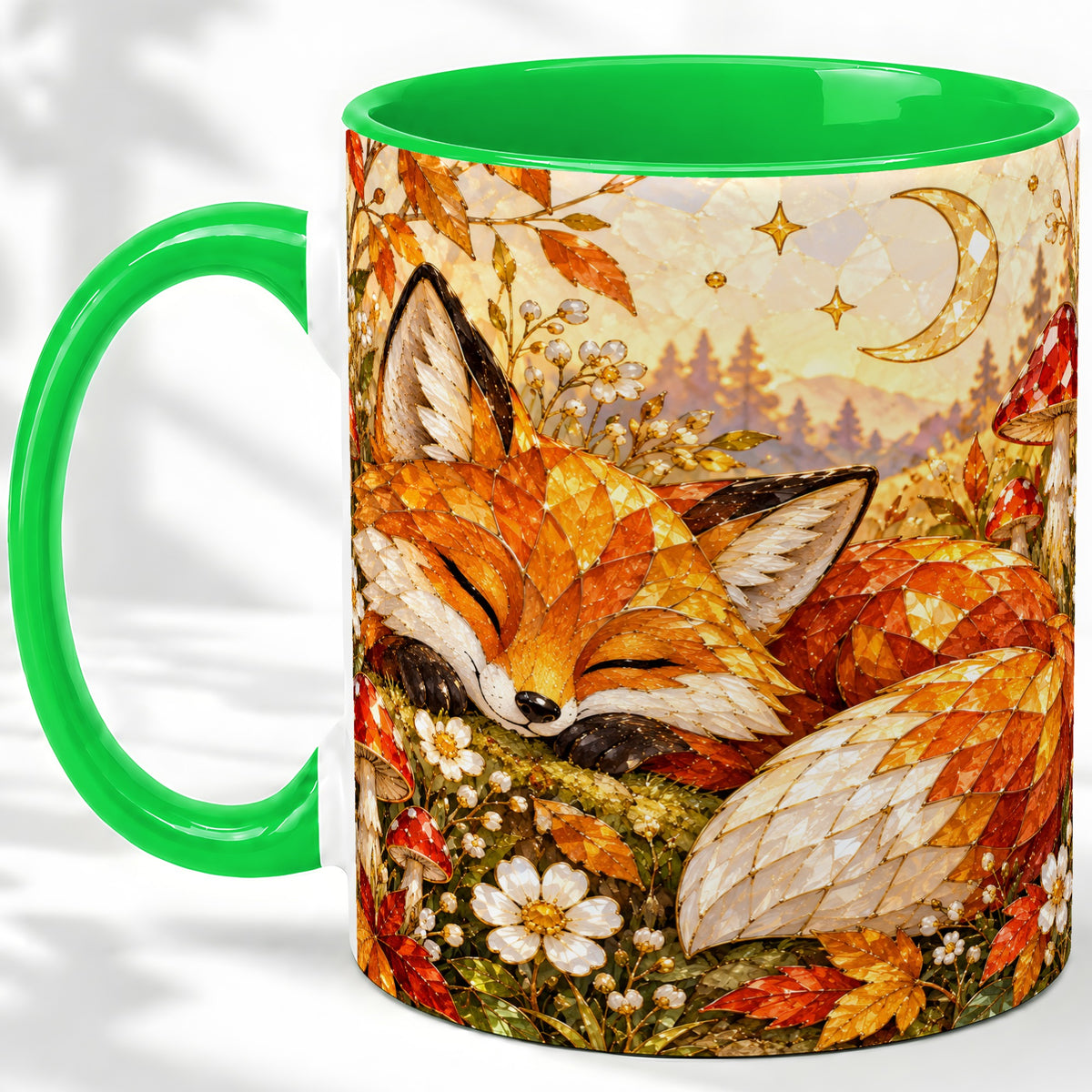 #pl[11oz|Green] Sleeping Fox Mushroom Accent Mug, Mug with Autumn Floral Artwork
