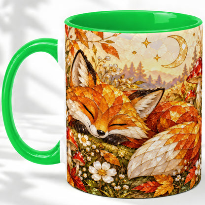 #pl[11oz|Green] Sleeping Fox Mushroom Accent Mug, Mug with Autumn Floral Artwork