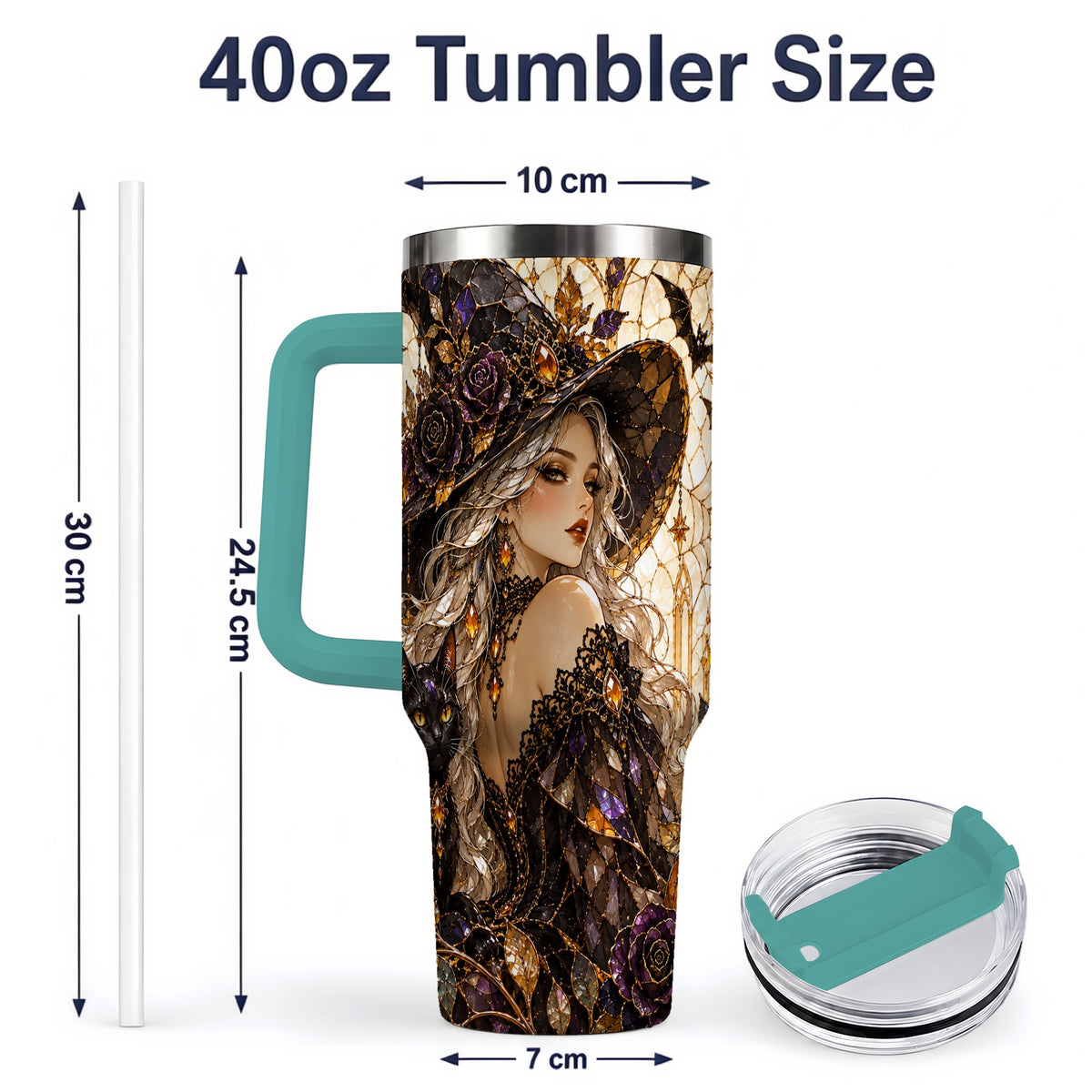 #pl[40oz|Green] Gothic Witch Cat Tumbler, 40oz Tumbler with Halloween Artwork