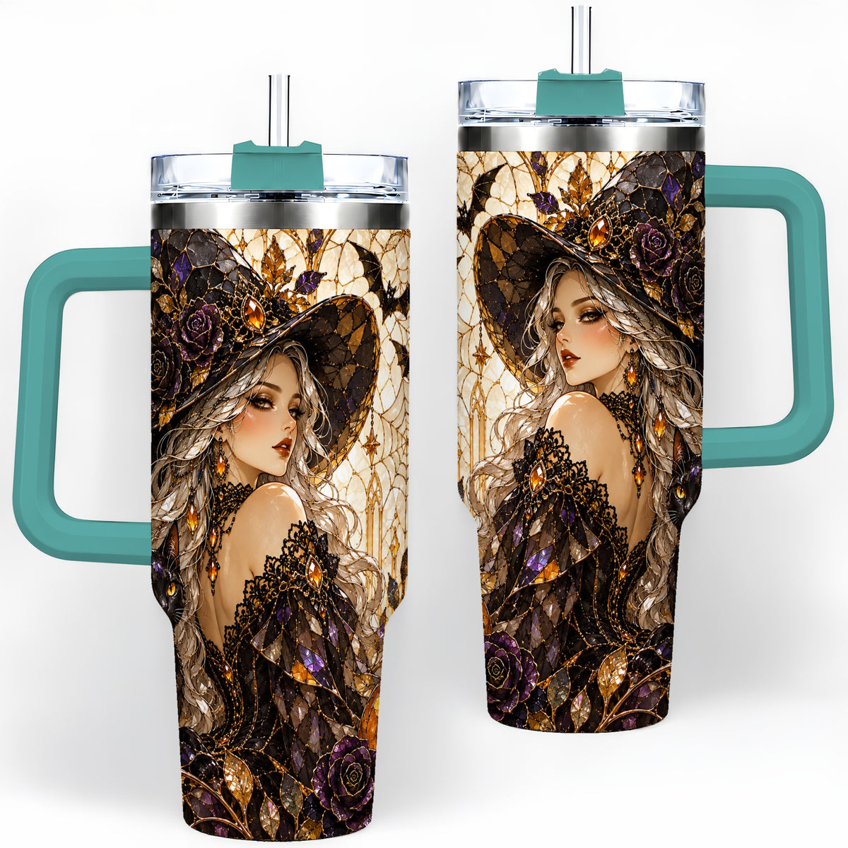 #pl[40oz|Green] Gothic Witch Cat Tumbler, 40oz Tumbler with Halloween Artwork