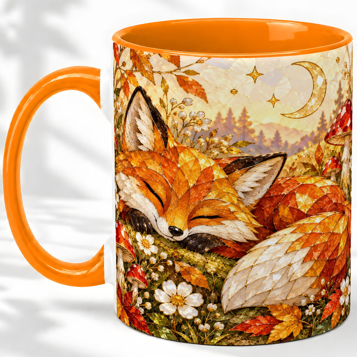 #pl[11oz|Orange] Sleeping Fox Mushroom Accent Mug, Mug with Autumn Floral Artwork
