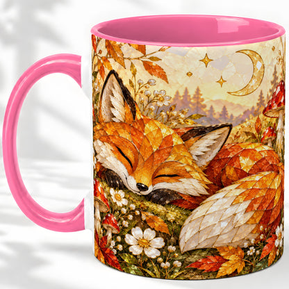 #pl[11oz|Pink] Sleeping Fox Mushroom Accent Mug, Mug with Autumn Floral Artwork