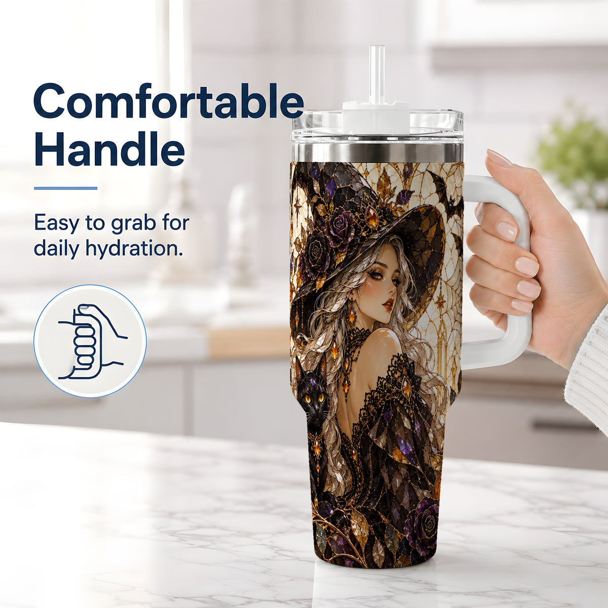 #pl[40oz|White] Gothic Witch Cat Tumbler, 40oz Tumbler with Halloween Artwork