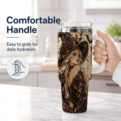 #pl[40oz|White] Gothic Witch Cat Tumbler, 40oz Tumbler with Halloween Artwork