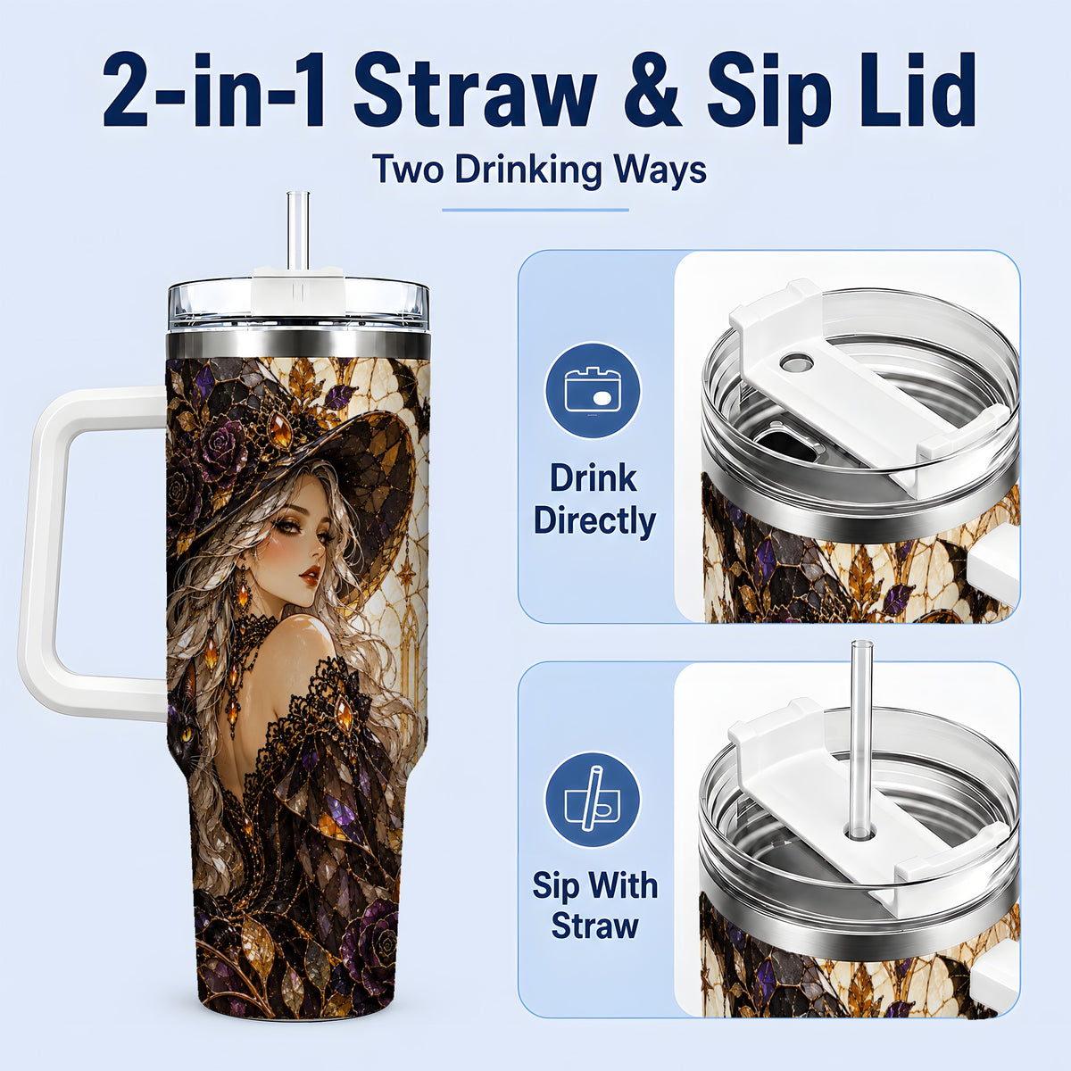 #pl[40oz|White] Gothic Witch Cat Tumbler, 40oz Tumbler with Halloween Artwork
