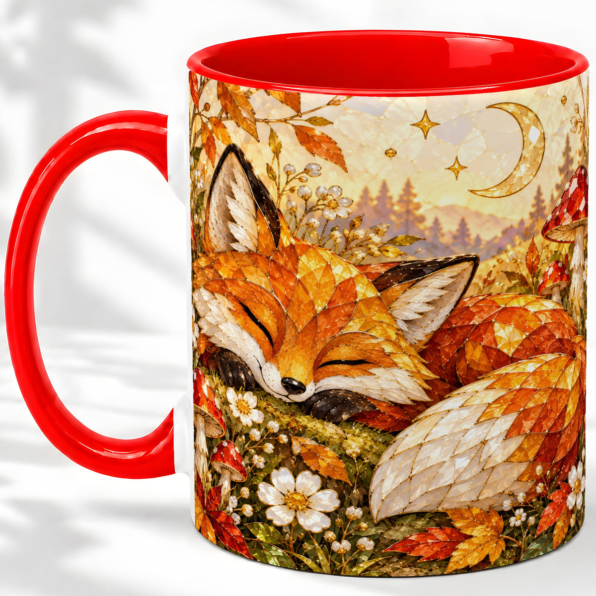 Sleeping Fox Mushroom Accent Mug, Mug with Autumn Floral Artwork