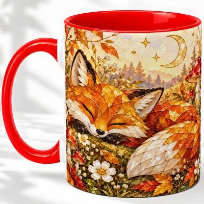 Sleeping Fox Mushroom Accent Mug, Mug with Autumn Floral Artwork
