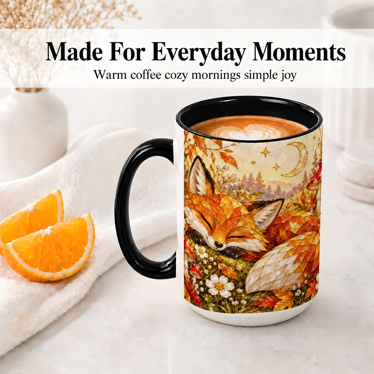 #pl[15oz|Black] Sleeping Fox Mushroom Accent Mug, Mug with Autumn Floral Artwork