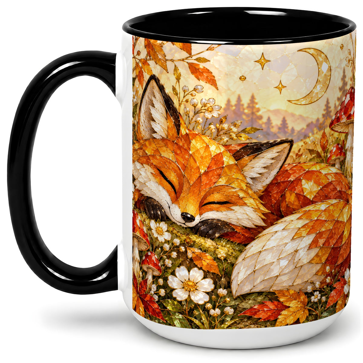 #pl[15oz|Black] Sleeping Fox Mushroom Accent Mug, Mug with Autumn Floral Artwork