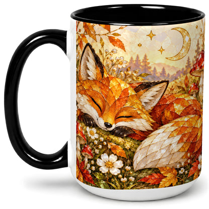 #pl[15oz|Black] Sleeping Fox Mushroom Accent Mug, Mug with Autumn Floral Artwork