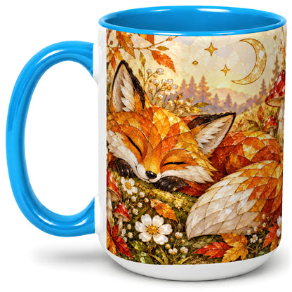 #pl[15oz|Blue] Sleeping Fox Mushroom Accent Mug, Mug with Autumn Floral Artwork