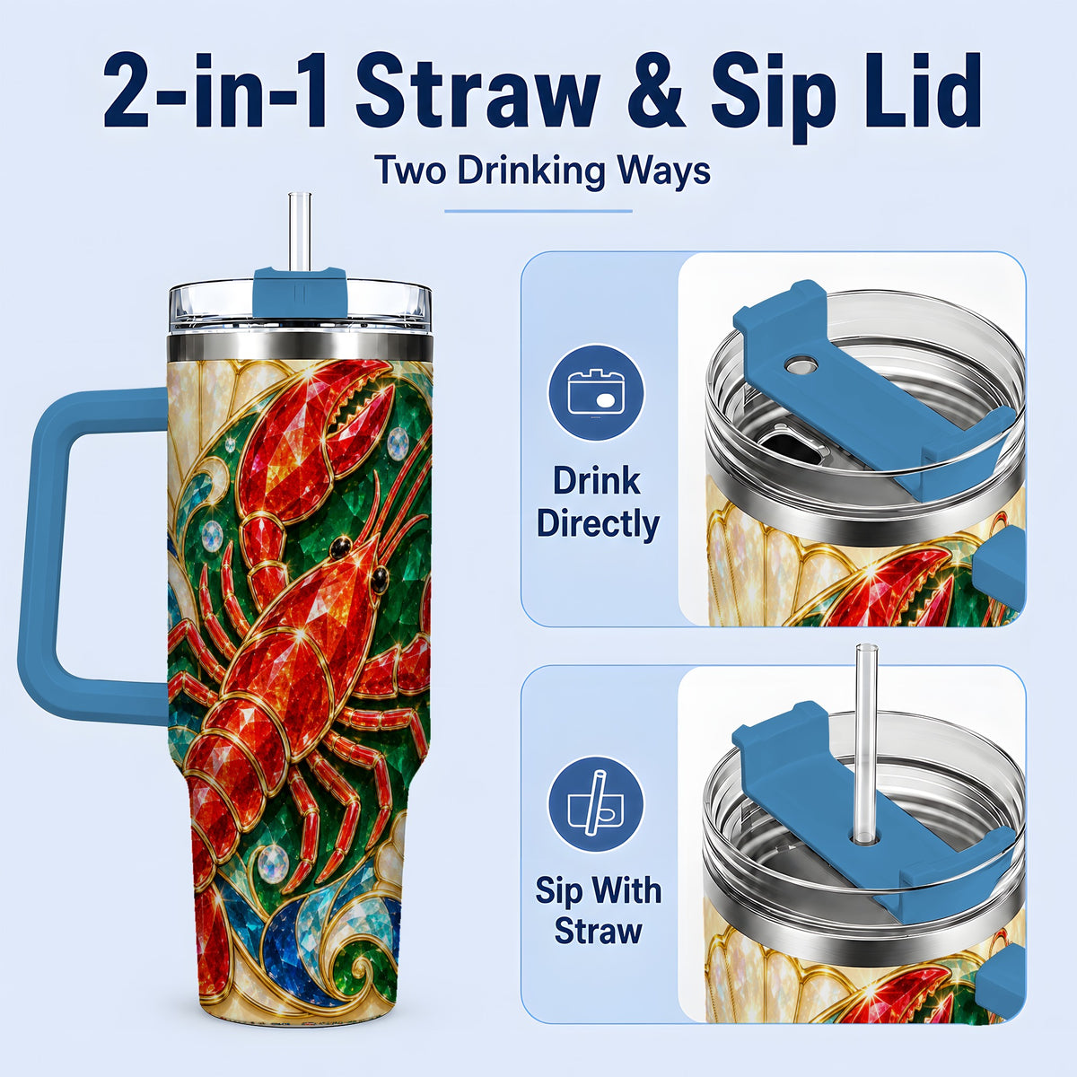 #pl[40oz|Blue] Gemstone Lobster 40oz Tumbler, Stainless Steel Drinkware for Seafood Fans
