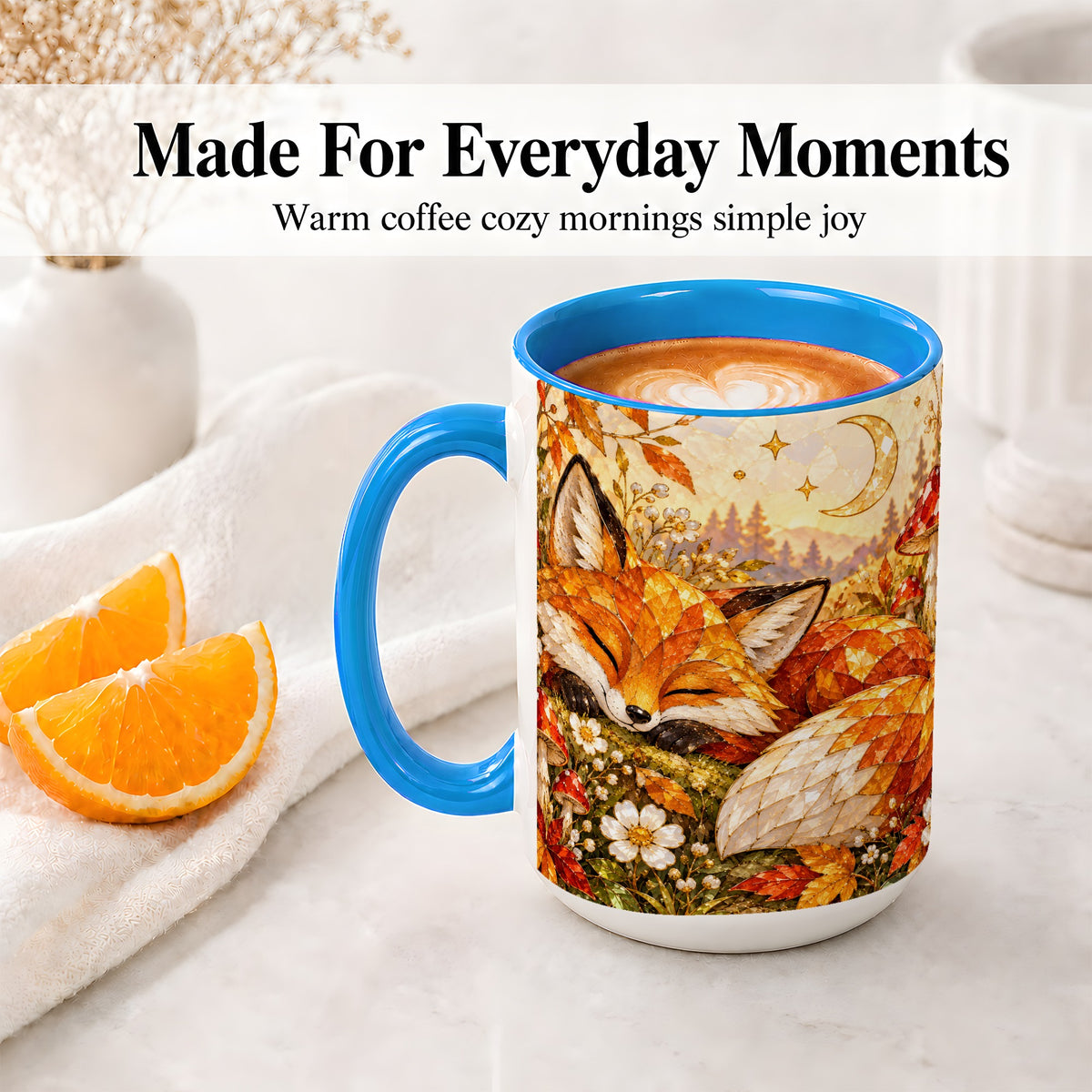 #pl[15oz|Blue] Sleeping Fox Mushroom Accent Mug, Mug with Autumn Floral Artwork