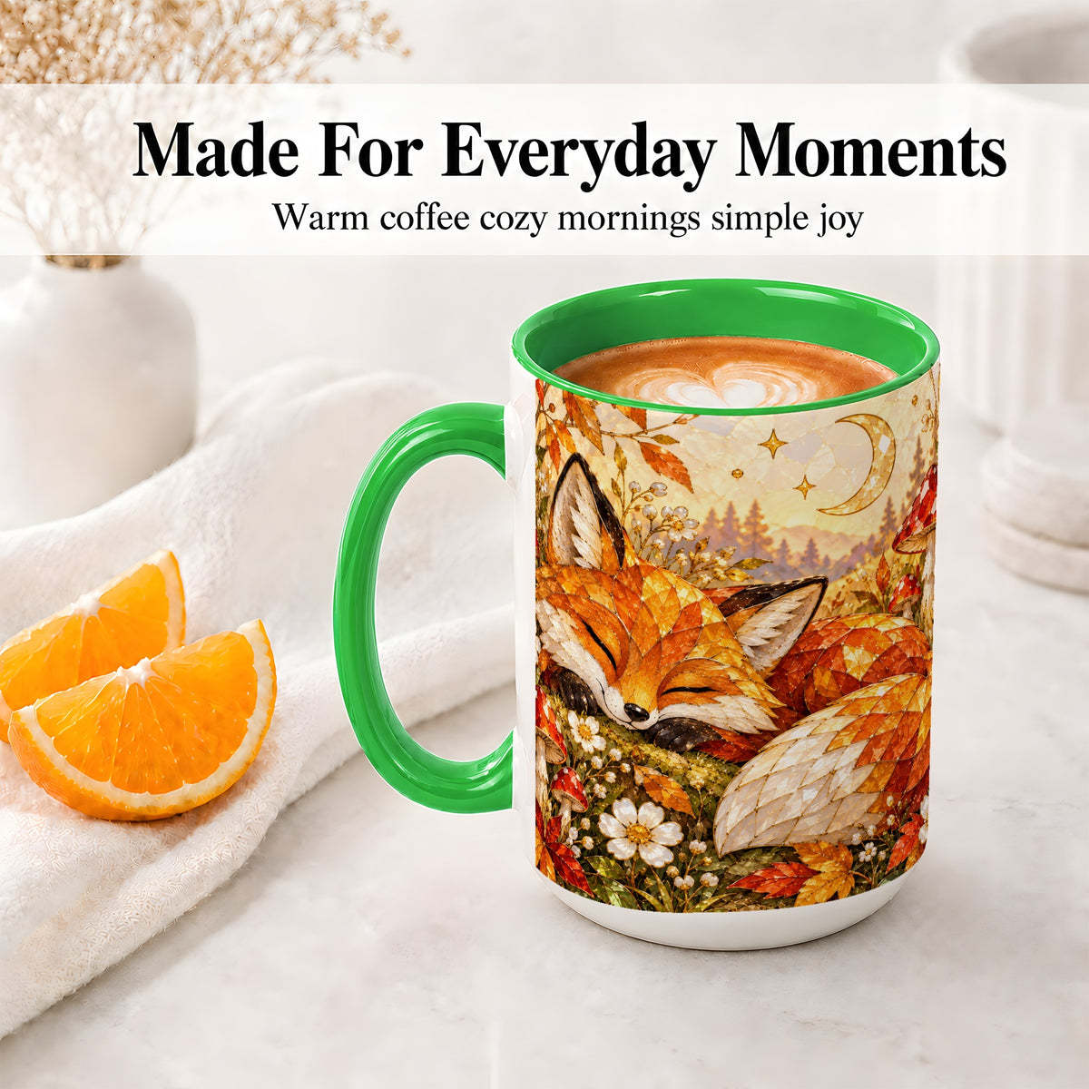 #pl[15oz|Green] Sleeping Fox Mushroom Accent Mug, Mug with Autumn Floral Artwork
