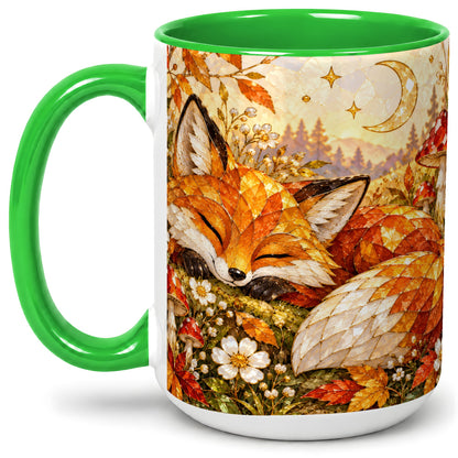 #pl[15oz|Green] Sleeping Fox Mushroom Accent Mug, Mug with Autumn Floral Artwork