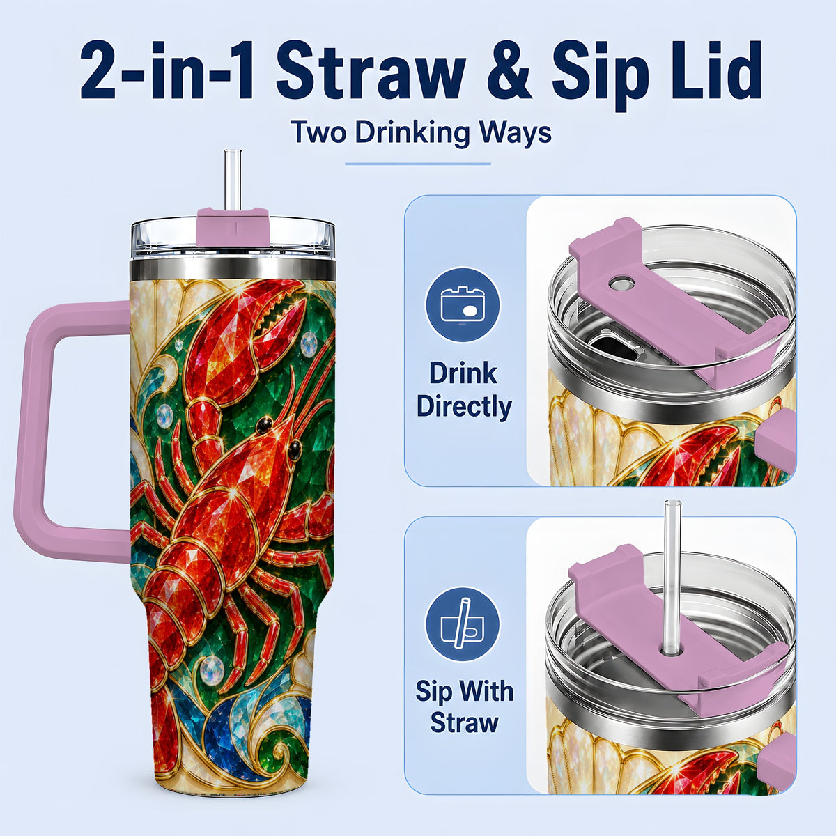 #pl[40oz|Pink] Gemstone Lobster 40oz Tumbler, Stainless Steel Drinkware for Seafood Fans