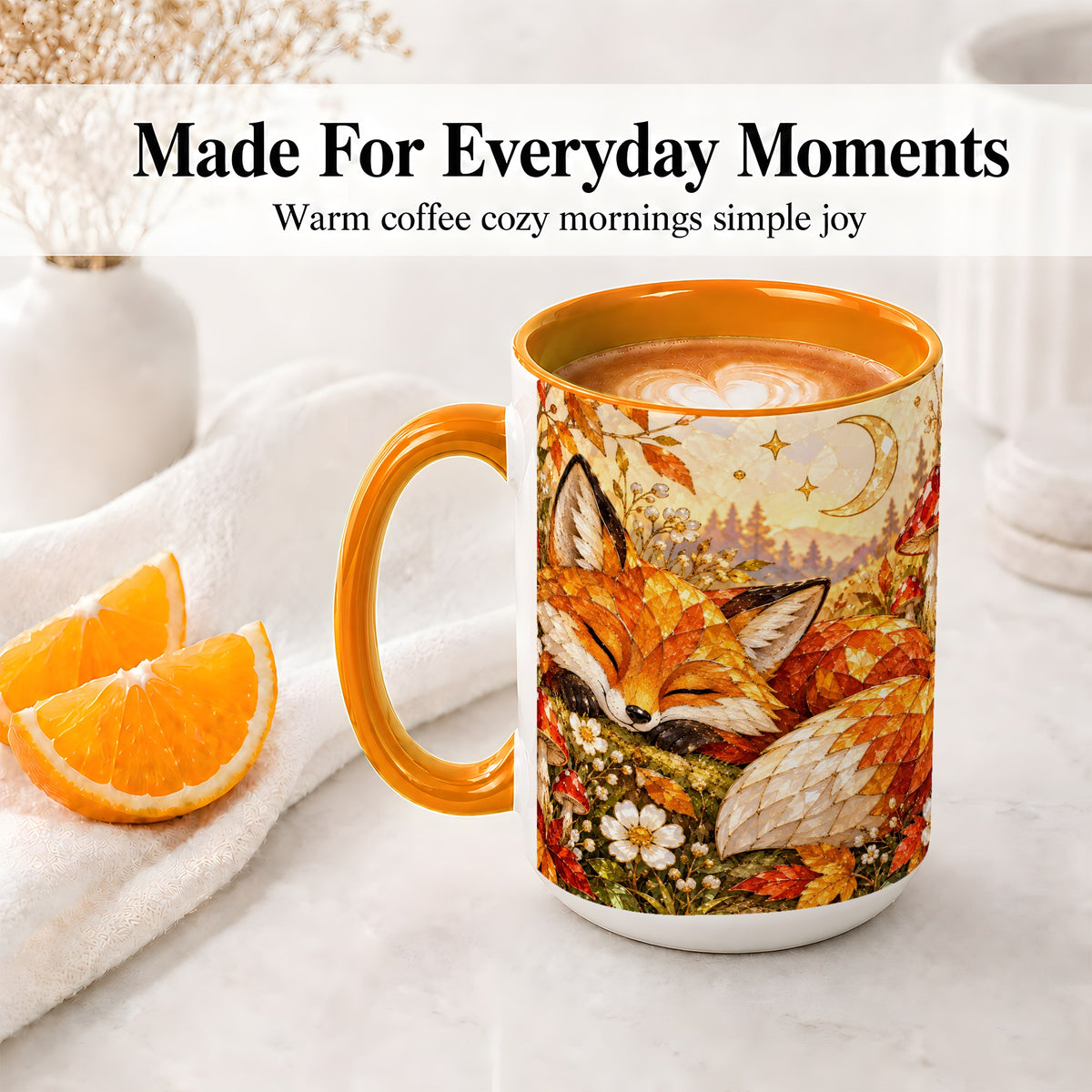 #pl[15oz|Orange] Sleeping Fox Mushroom Accent Mug, Mug with Autumn Floral Artwork