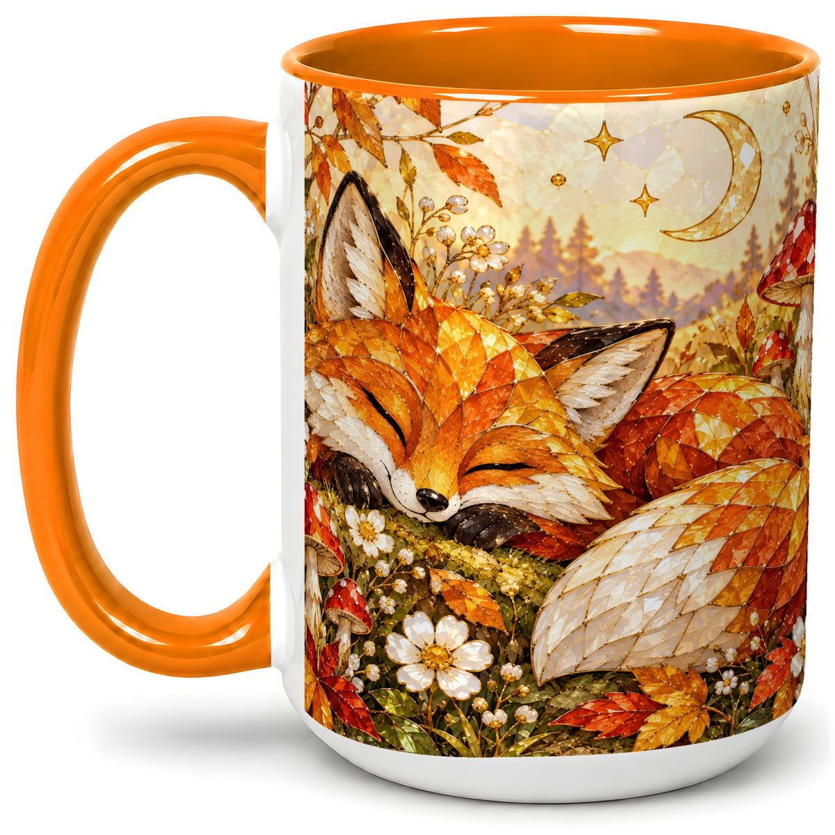 #pl[15oz|Orange] Sleeping Fox Mushroom Accent Mug, Mug with Autumn Floral Artwork