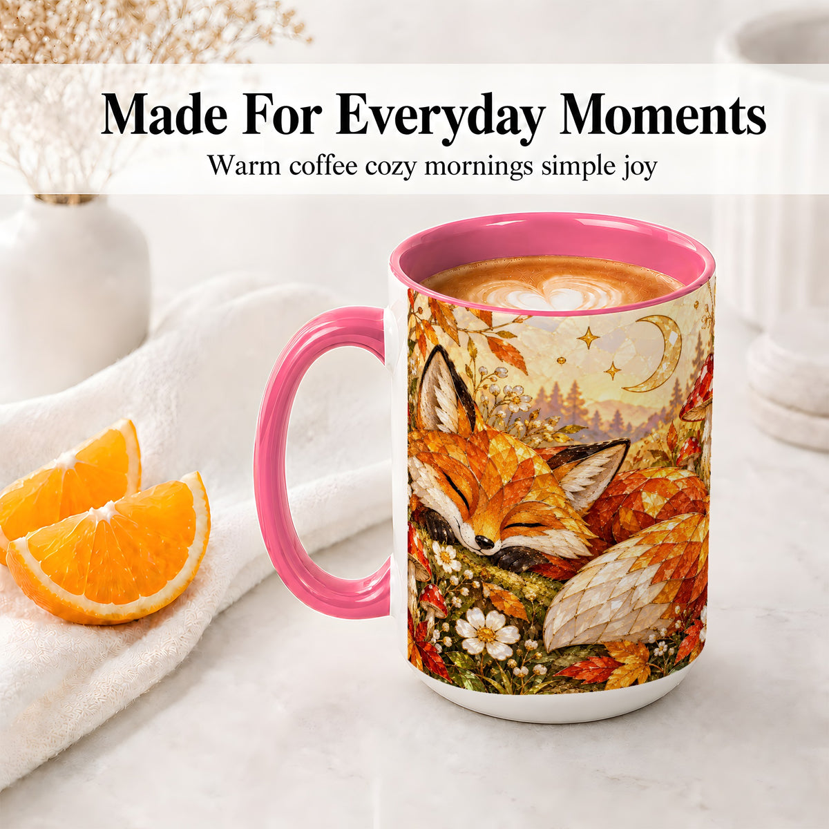 #pl[15oz|Pink] Sleeping Fox Mushroom Accent Mug, Mug with Autumn Floral Artwork