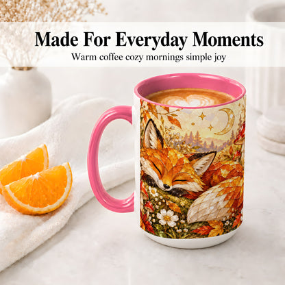 #pl[15oz|Pink] Sleeping Fox Mushroom Accent Mug, Mug with Autumn Floral Artwork