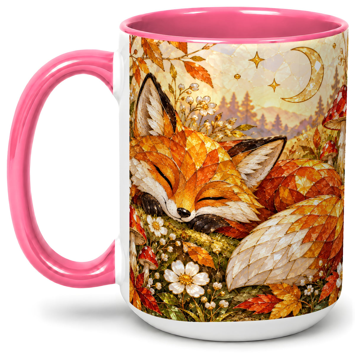 #pl[15oz|Pink] Sleeping Fox Mushroom Accent Mug, Mug with Autumn Floral Artwork